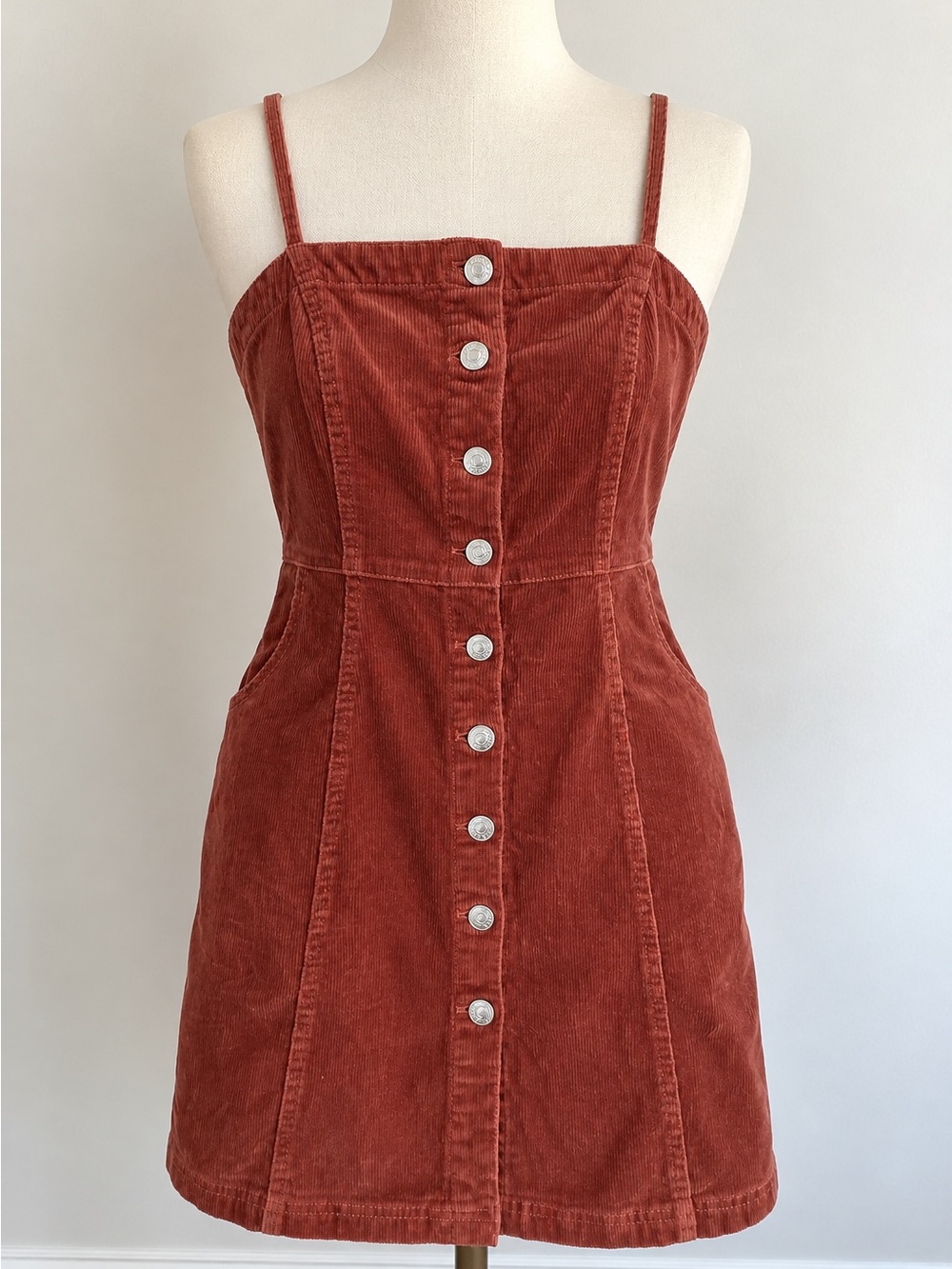 Love Tree M Rust Corduroy Mini Dress Button Front Pinafore Cottagecore